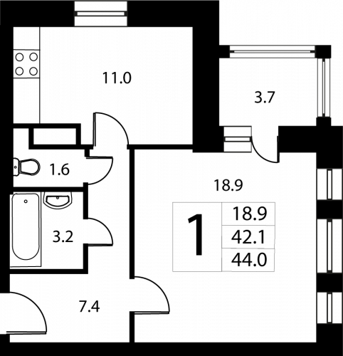 1-комнатная, квартира, 42.3 м²